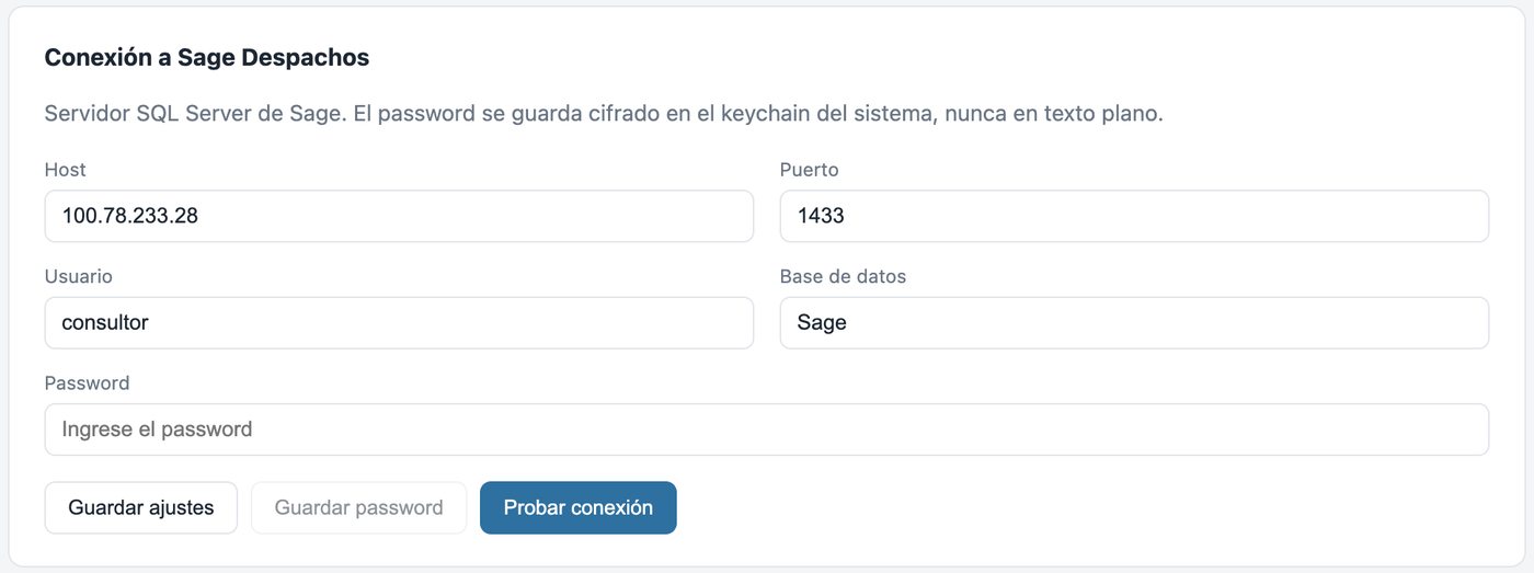 Ajustes: conexión a Sage Despachos